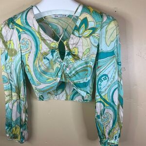 Zara Women's Paisley Crop Top Green Ruched Long Sleeve‎ Blouse Size Small 70s